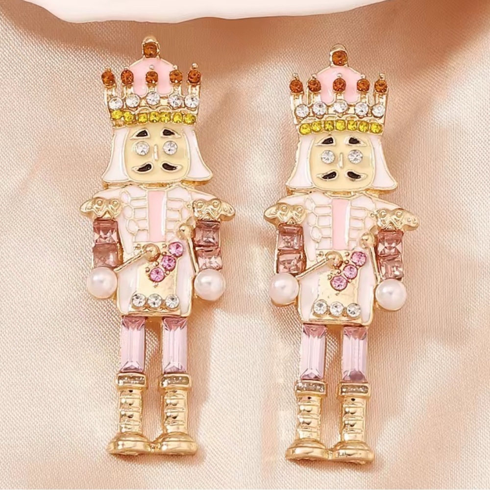 Pink Nutcracker Earrings – Holiday Statement Jewelry with Crystals & Pearls - Picture 5 of 8